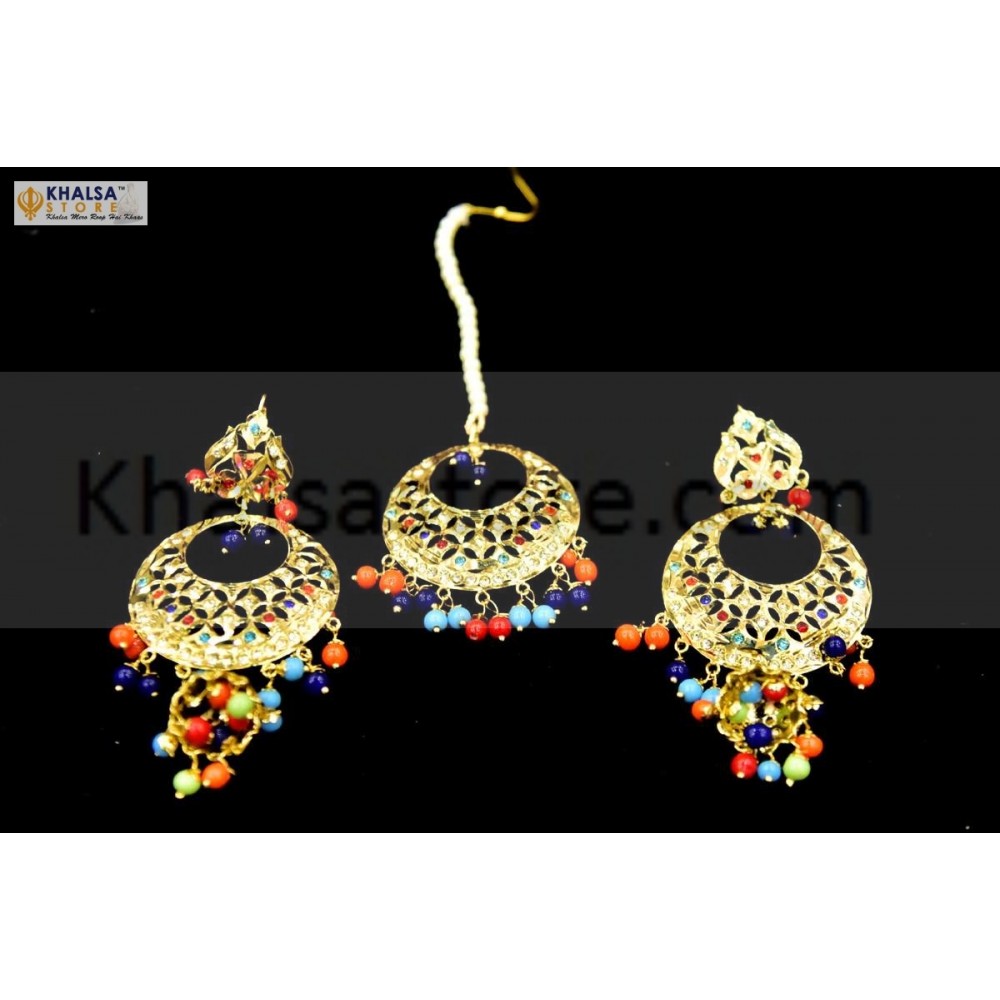 Gold Jadau Navrattan Earings Bridal Punjabi Indian Wedding Earrings Tikka  Muslim | eBay